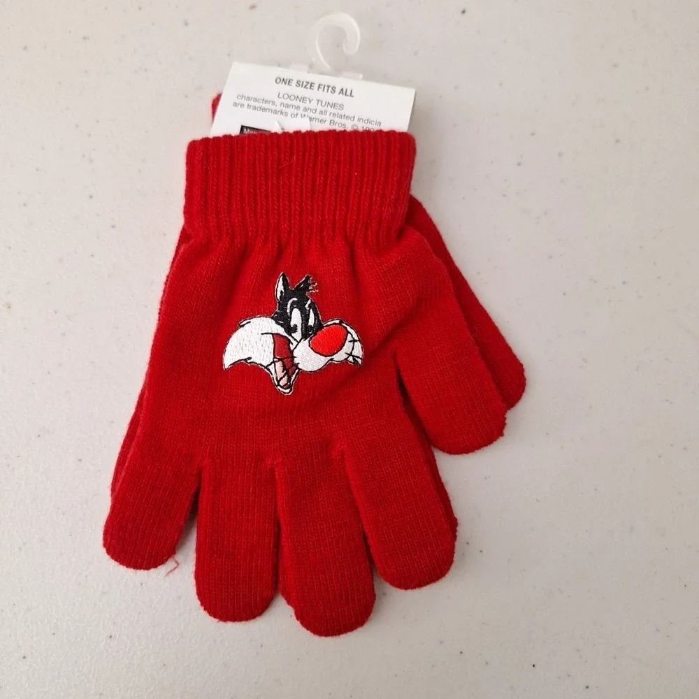 Looney Tunes Knit Magic Gloves Winter Vintage‎ Embroidered Red One Size NEW